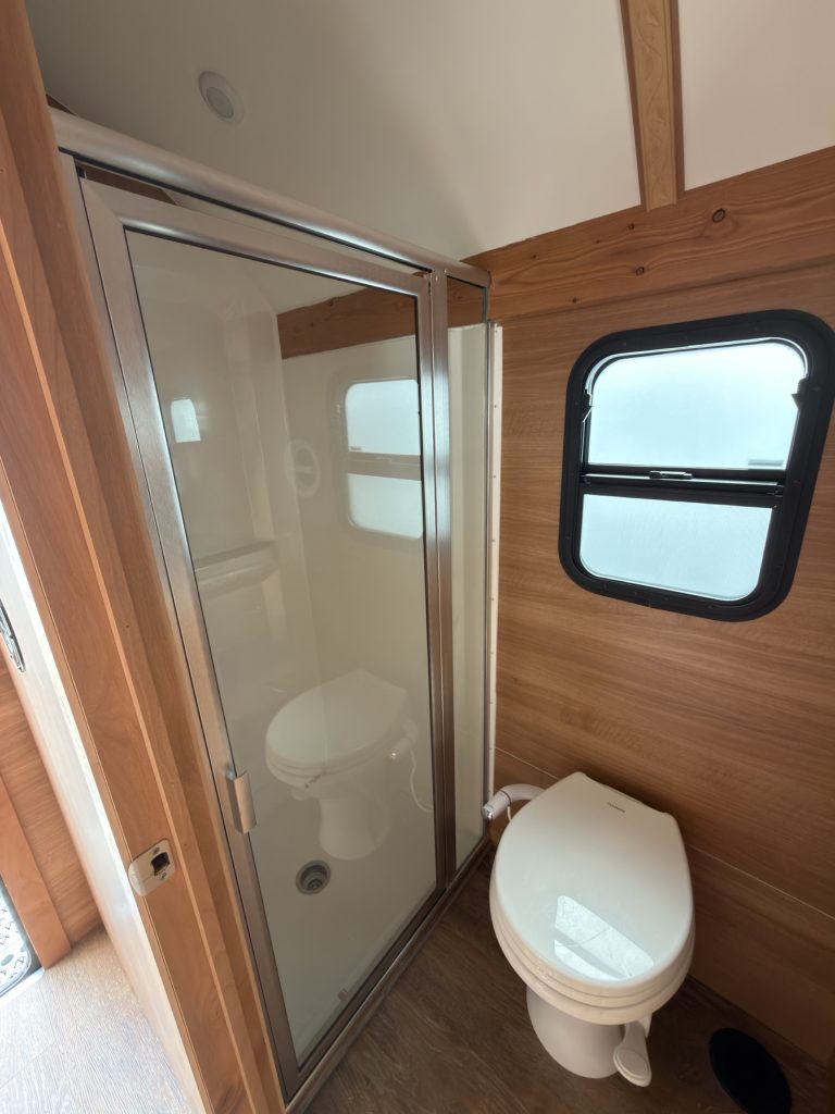 Bathroom with glass shower enclosure, porcelain toilet, and frosted window.