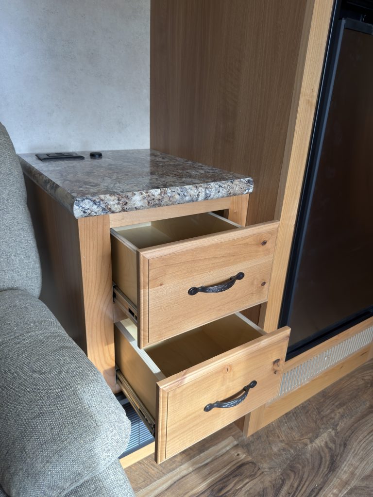 Detail view of End Table Double Drawers in the Schrauth Camp.