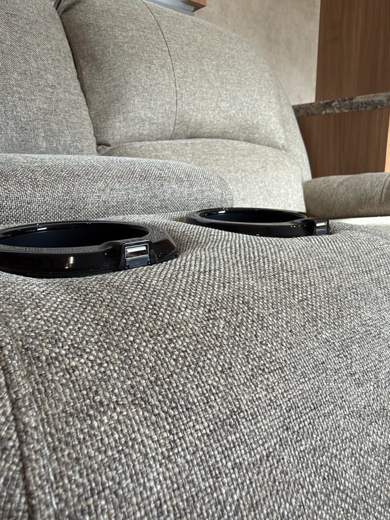 Schrauth Camp recliner center console and USB ports.