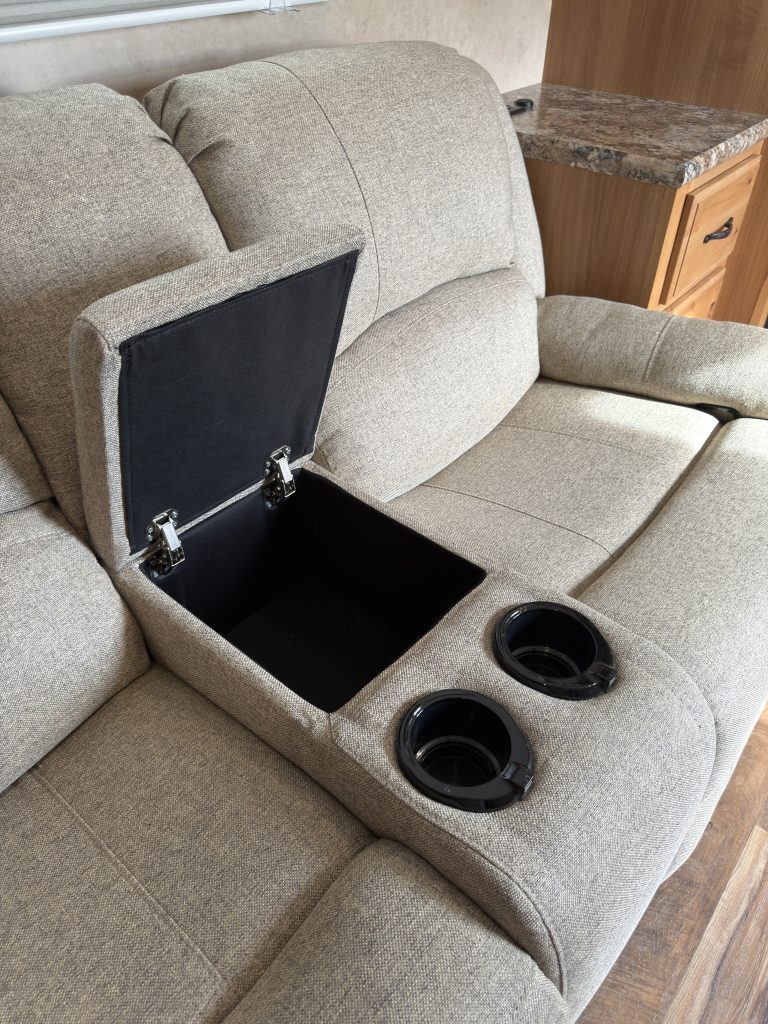 Detail view of Recliner Console Storage in the Schrauth Camp.