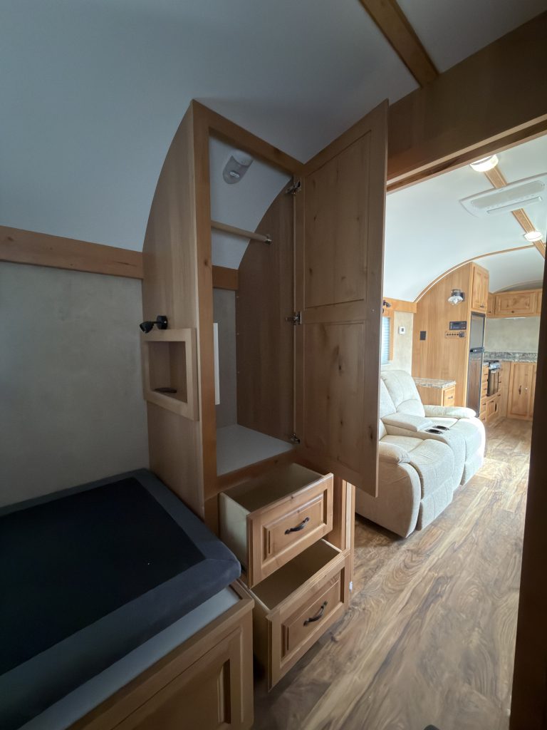 Detail view of Bedroom Wardrobe & Drawer Storage in the Schrauth Camp.