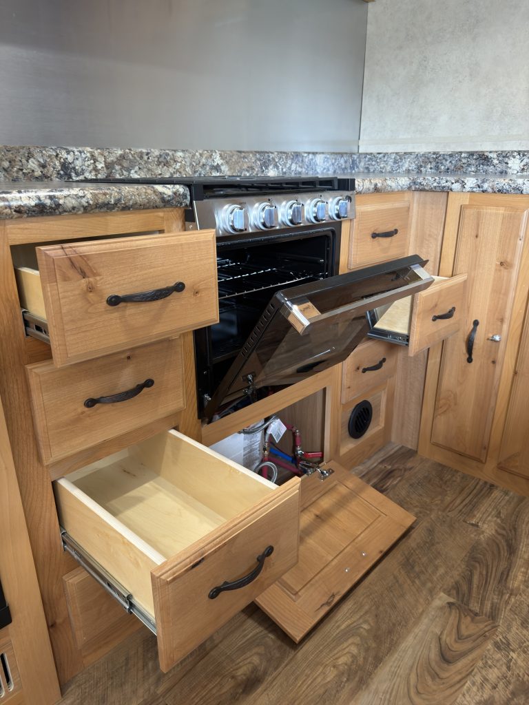 Detail view of Open Drawers Beside Oven in the Schrauth Camp.