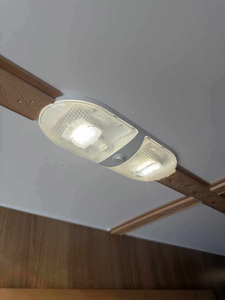 Oval ceiling light mounted between rosewood trim strips.