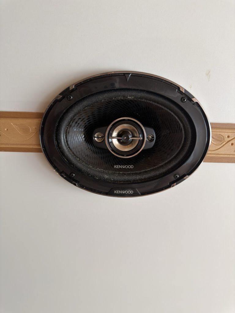 Oval black ceiling speaker set between rosewood trim strips.