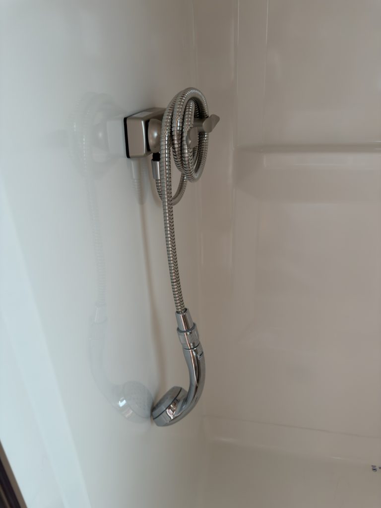 Stainless handheld shower wand mounted on the white shower wall.