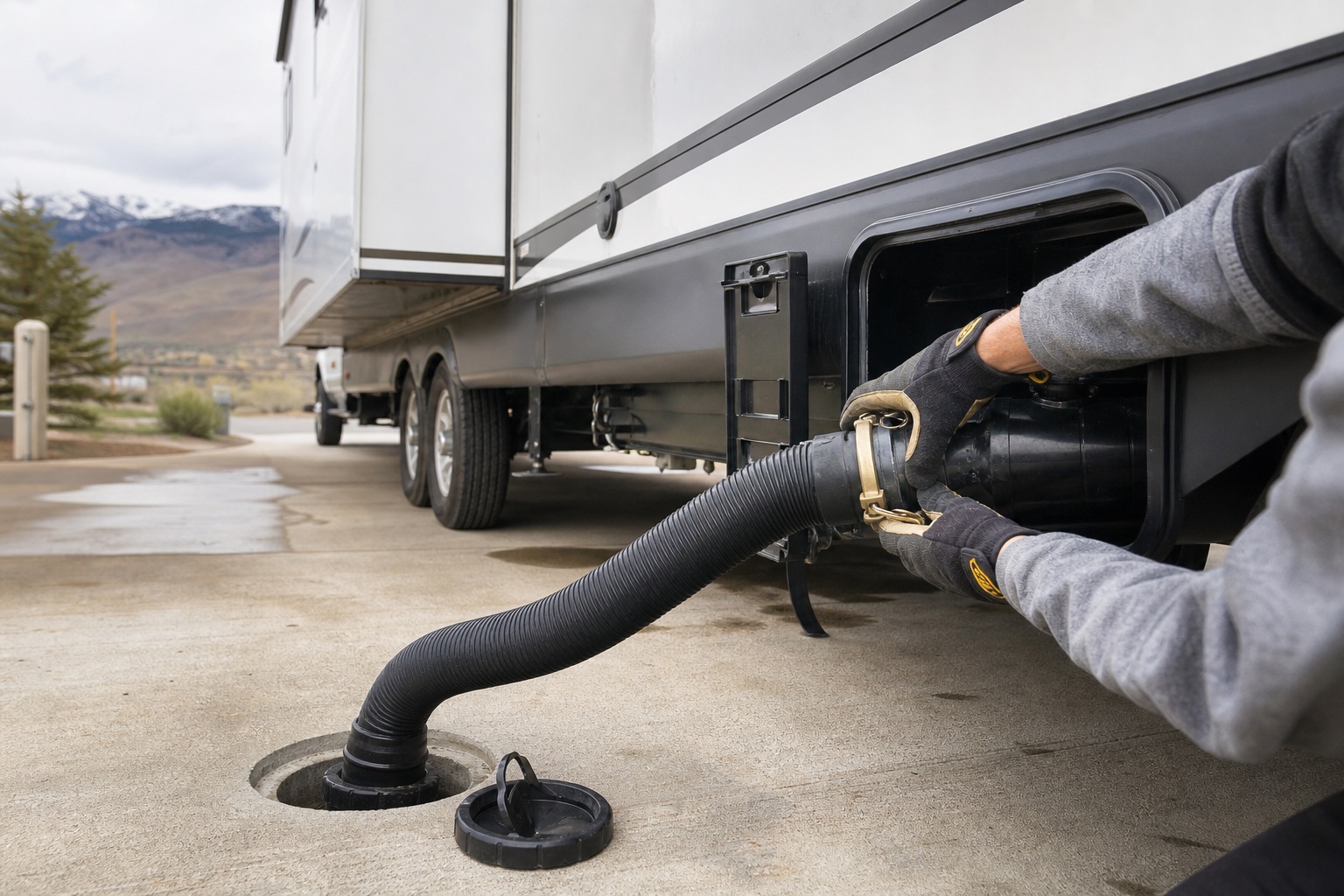 Gloved hands connecting an RV sewer hose at a campground dump station