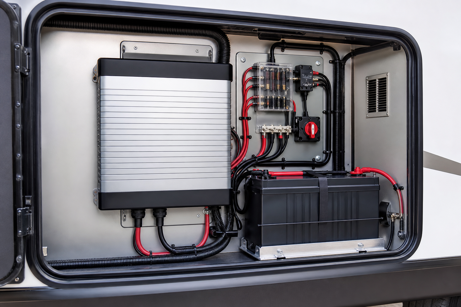 Professionally installed RV inverter, battery bank, fuse panel, and disconnect