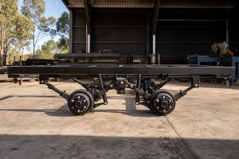 Welded steel camp frame with tandem-axle suspension in the Peak Outdoors shop