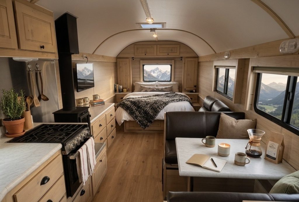 Staged Light-Wood Peak Camp Interior