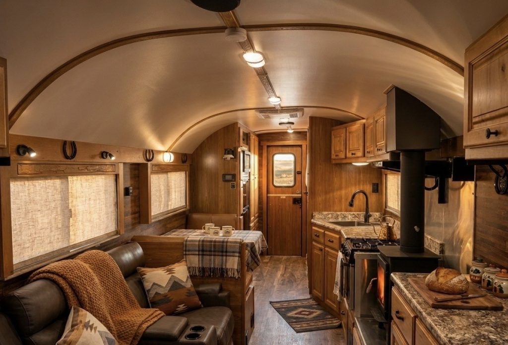 Staged Warm-Wood Peak Camp Interior