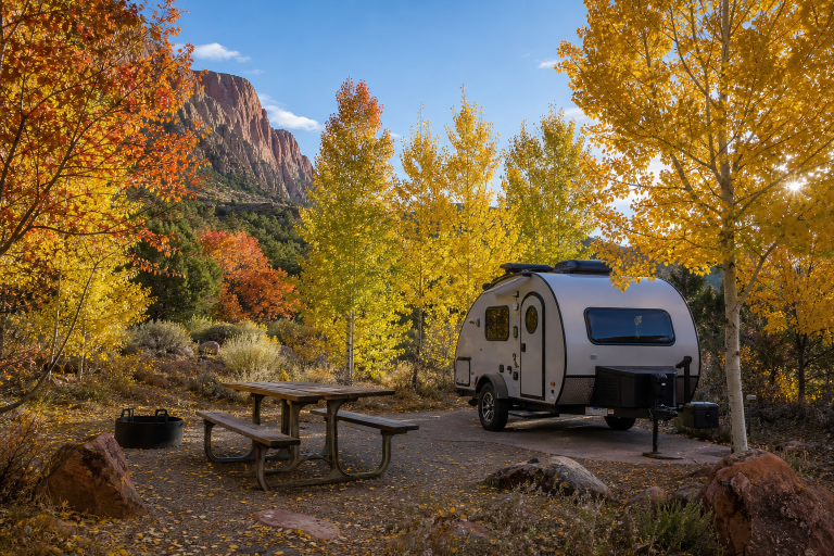 Travel trailer at a Utah campground surrounded by golden autumn aspens