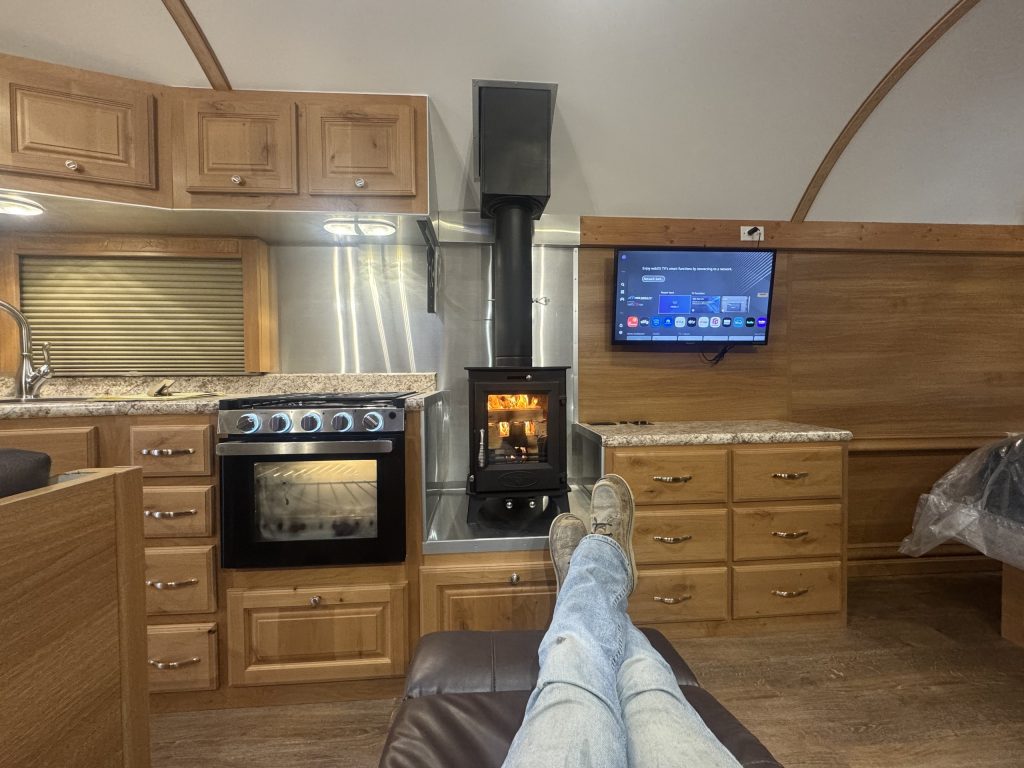 Wood Stove, Range, and Entertainment Area