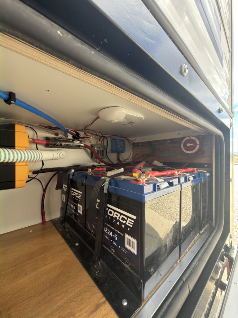 Image of the battery bank and wiring of Gail Camp #131.