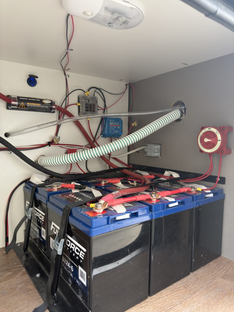 Van Niewkoop Camp #136: Six 6-volt deep-cycle batteries with accessible wiring inside the roadside power compartment.