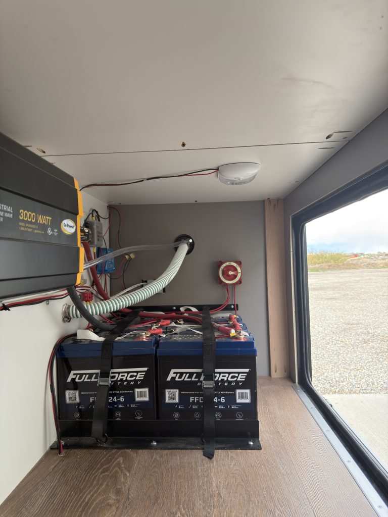 Van Niewkoop Camp #136: Six-battery bank, 3,000-watt inverter, accessible wiring, and lighting inside the power compartment.