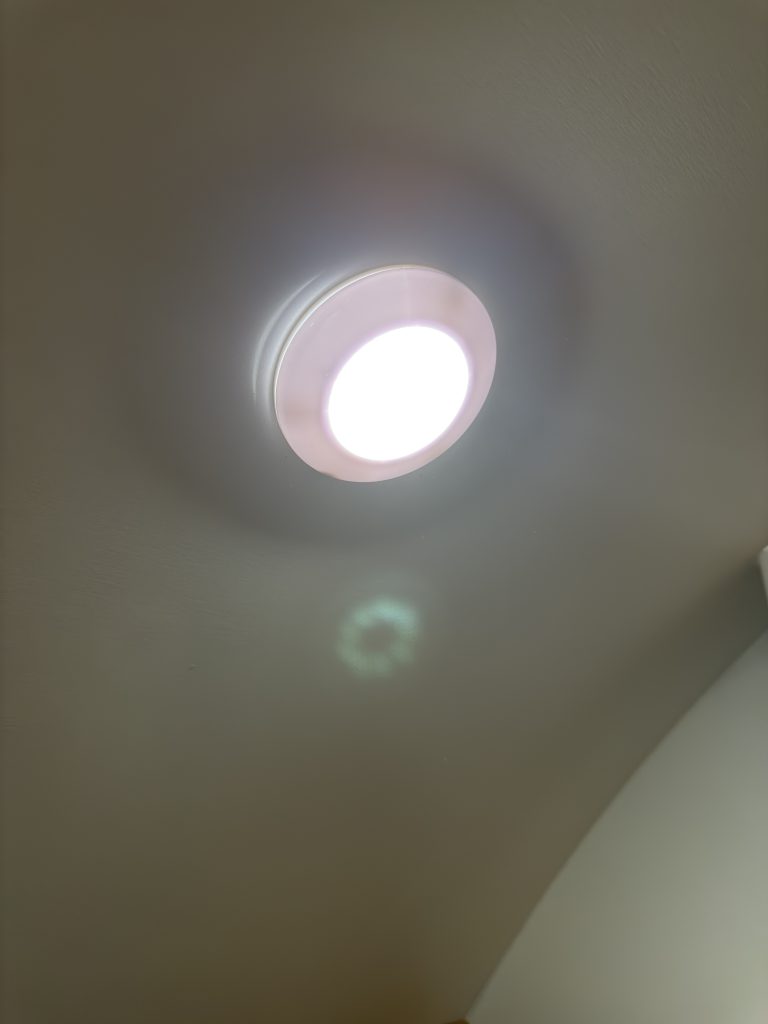 Van Niewkoop Camp #136: Recessed dimmable LED bathroom pocket light illuminated.
