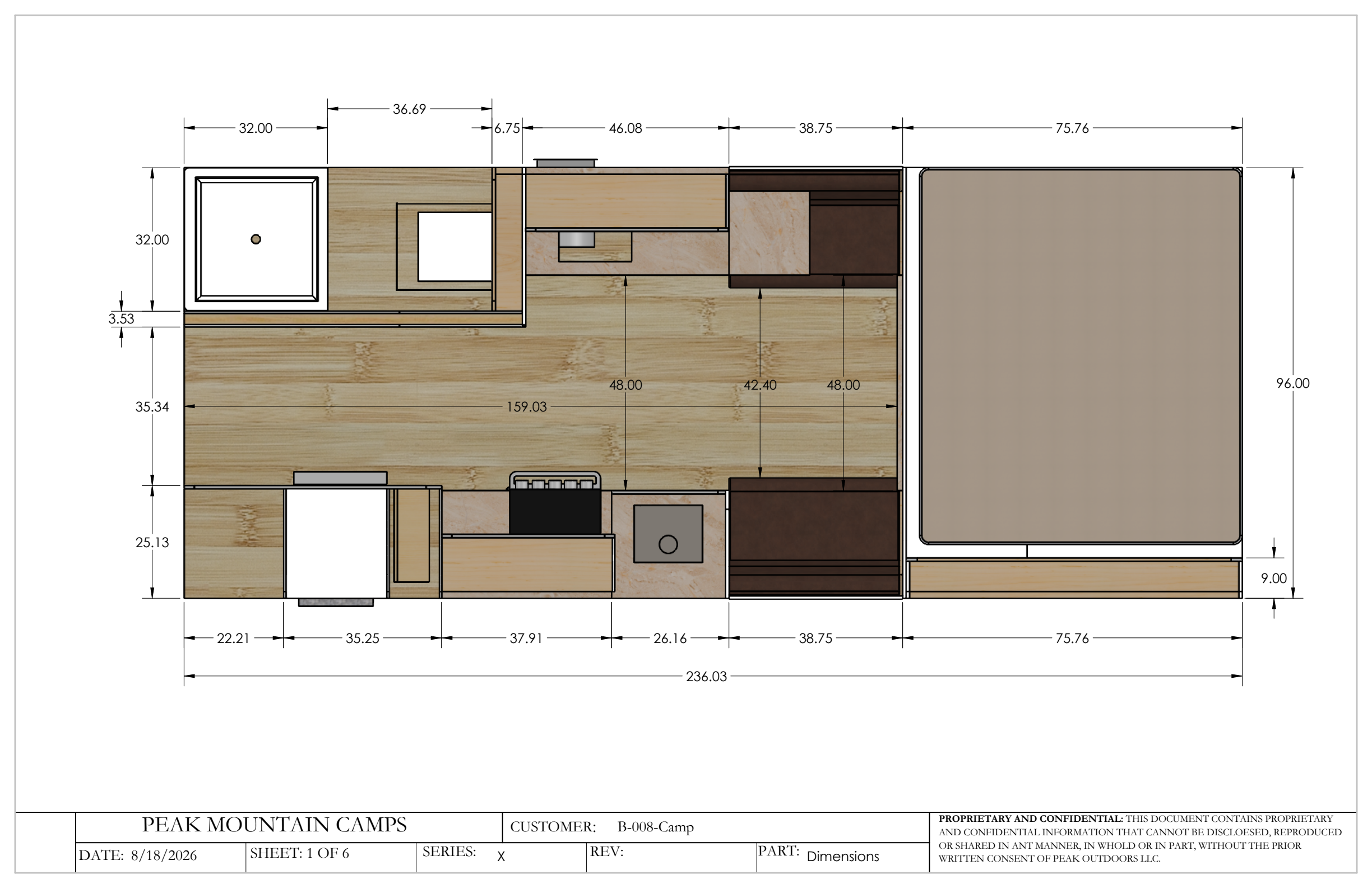 Dimensioned Floor Plan for Van Niewkoop Camp #136, page 1 of 6.